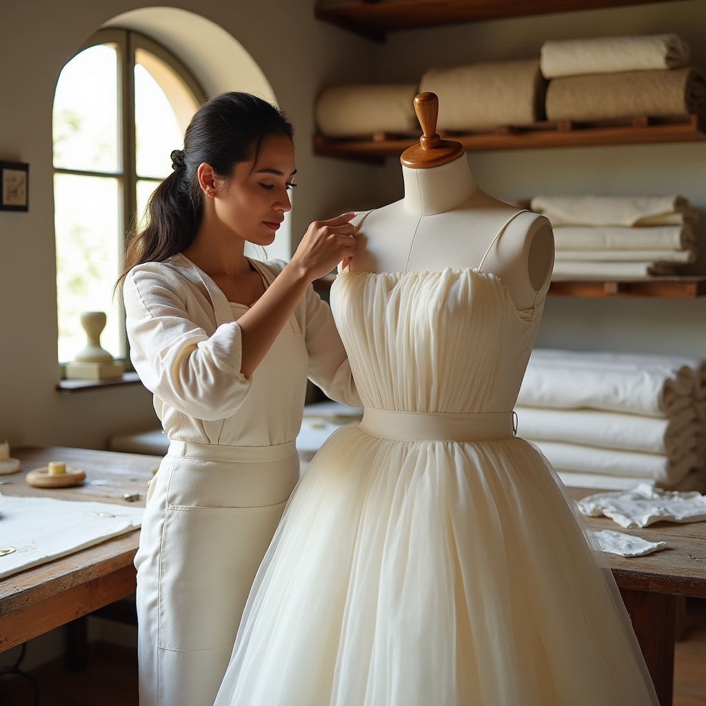 Sarta che lavora su un abito da sposa in atelier