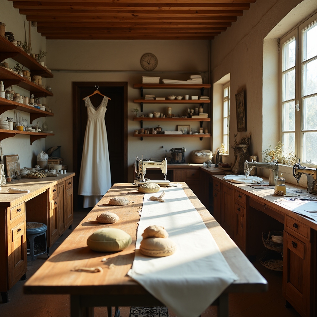 Interno del laboratorio sartoriale con tavolo da lavoro e tessuti