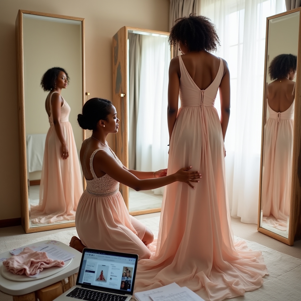 Sarta che personalizza un abito acquistato online con dettagli decorativi