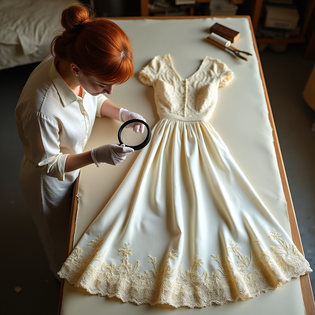 Abito d'epoca in seta avorio con dettagli antichi su tavolo da lavoro