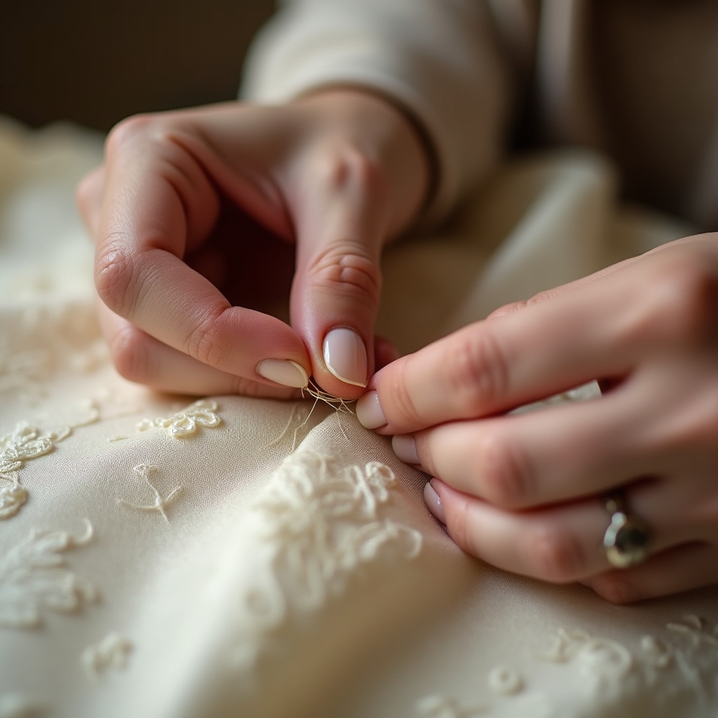 Mani di sarta che cuciono un dettaglio su tessuto di seta